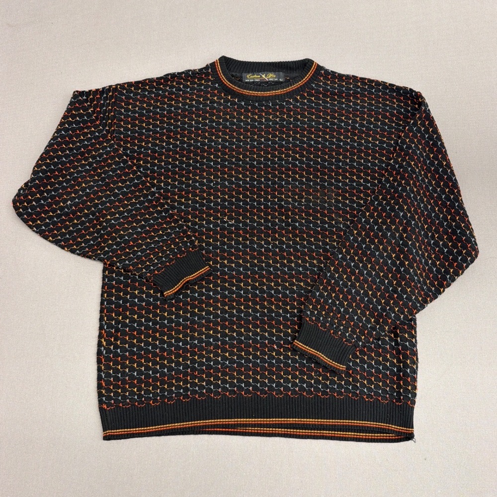 Custom 4 You Mens Knit Sweater Large Black Orange Geometric Pattern Crew Neck